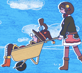 a cartoon of a girl pushing a wheelbarrow