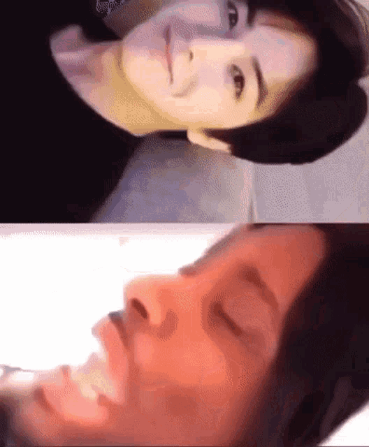 a close up of a person 's face with their eyes closed and a close up of their face with their eyes closed