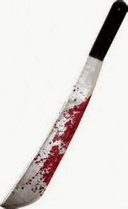 a bloody machete with a black handle and a white blade on a white background .