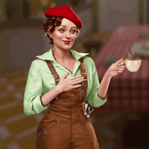 a woman in overalls and a red beret holds a cup of coffee