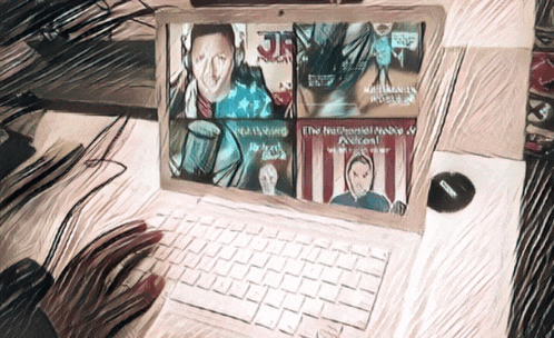 a drawing of a person using a laptop that says the national native podcast