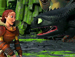 toothless from how to train your dragon is looking at a woman in armor .