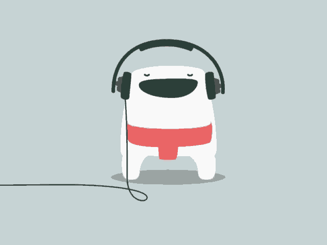 a cartoon dog wearing headphones and a red scarf around his neck