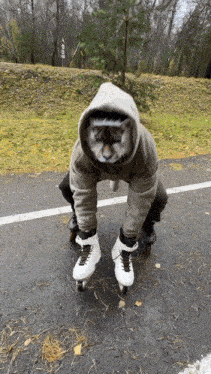 a cat wearing a hoodie is rollerblading on a road