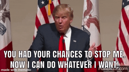 donald trump is giving a speech in front of american flags and says you had your chances to stop me .