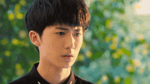 a young man with a serious look on his face is standing in front of a tree .
