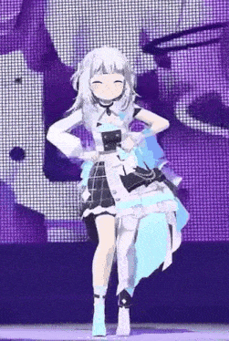 a girl is dancing on a stage in front of a purple background .