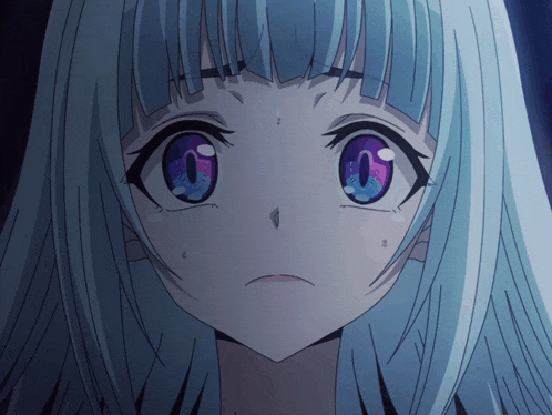 a close up of a girl 's face with blue hair and blue eyes
