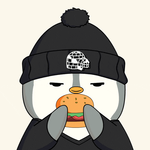 a penguin wearing a black beanie is holding a hamburger