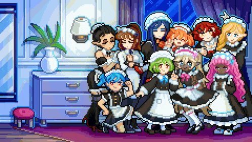 a pixel art drawing of a group of maids posing for a picture