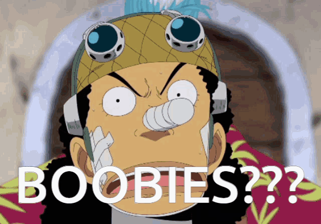 a cartoon character with a hat and goggles says " boobs "
