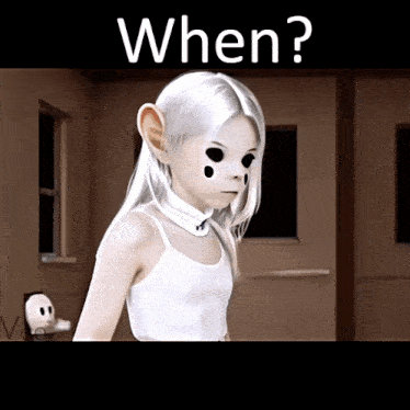 a girl with white hair and black eyes is standing next to a sign that says when