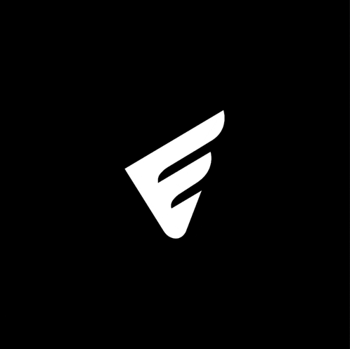 a white e on a black background that looks like a bird 's wing