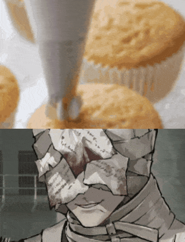 a drawing of a man with a mask on his face next to a cupcake