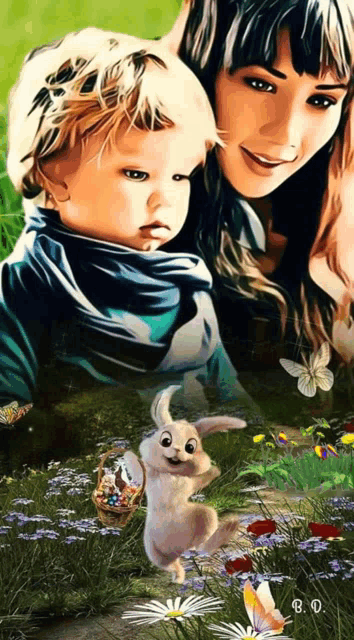 a painting of a woman holding a child and a rabbit with b.o. on the bottom