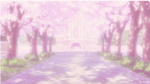 a pink background with cherry blossom trees and a building