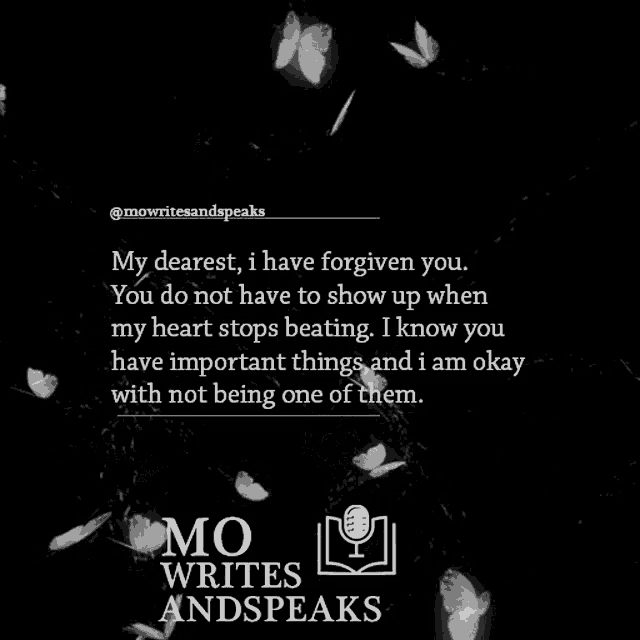 a quote from mo writes and speaks with butterflies and feathers in the background