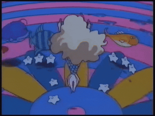 a cartoon drawing of a mermaid surrounded by fish and stars