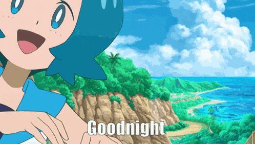 a cartoon character says goodnight in front of a tropical scene