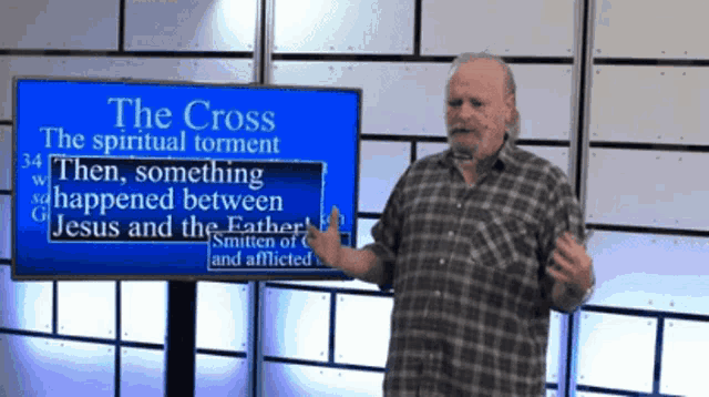 a man stands in front of a screen that says " the cross the spiritual torment "