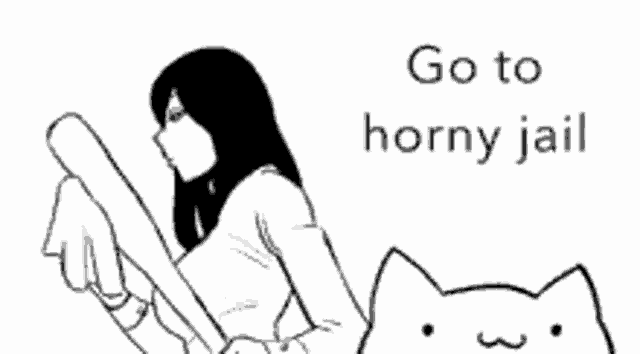 a black and white drawing of a woman holding a bat and the words `` go to horny jail '' .