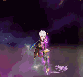 a cartoon character is holding a sword in a purple background