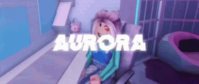 a cartoon girl is sitting in a chair with the word aurora written above her