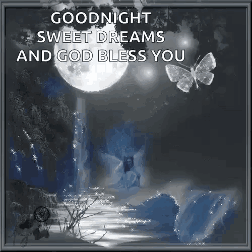 a goodnight sweet dreams and god bless you greeting card with a butterfly and a waterfall .