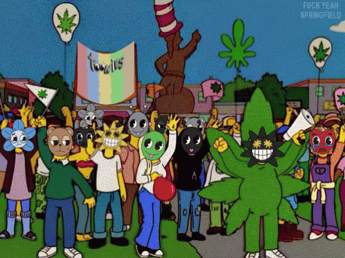 a group of cartoon characters are gathered in a park with a sign that says " towieus "