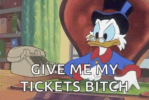 a cartoon of donald duck sitting at a desk asking for tickets