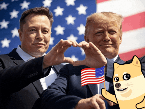 donald trump and elon musk making a heart shape with their hands in front of an american flag