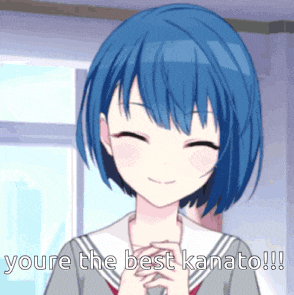 a girl with blue hair is smiling and says " you 're the best kanato !!! "