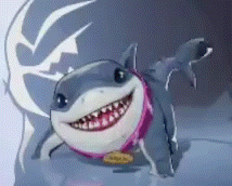 a cartoon shark with a pink scarf around its neck is smiling .