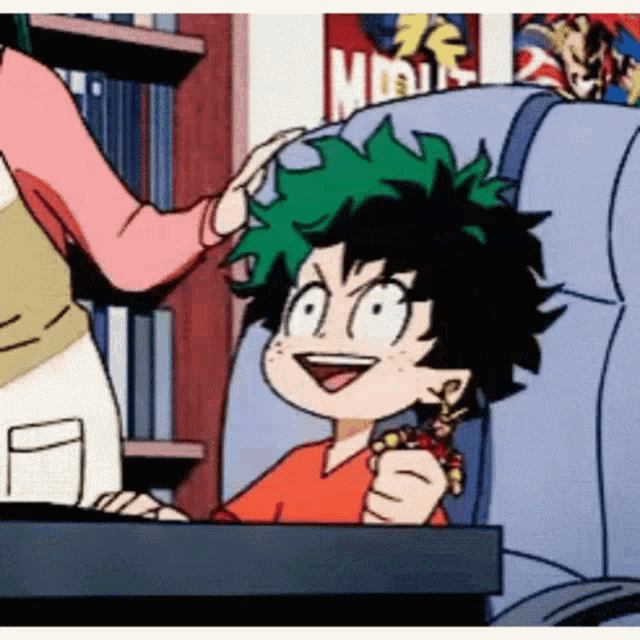 a woman is petting a child 's head in a cartoon while he is sitting in a chair .