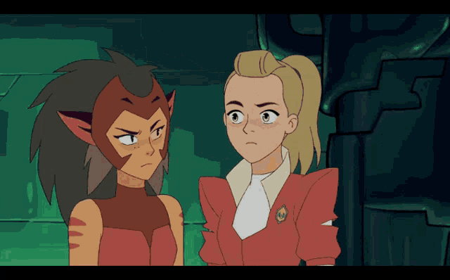 two cartoon characters are looking at each other and one has a badge on her jacket