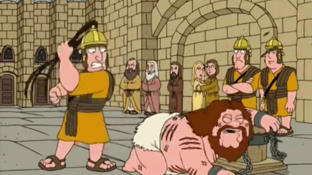 a cartoon of a man laying on the ground with chains around his neck