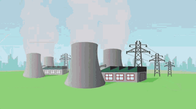 a cartoon of cars driving down a road with smoke coming from a factory in the background