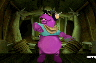 a purple cartoon character is standing in a dark room