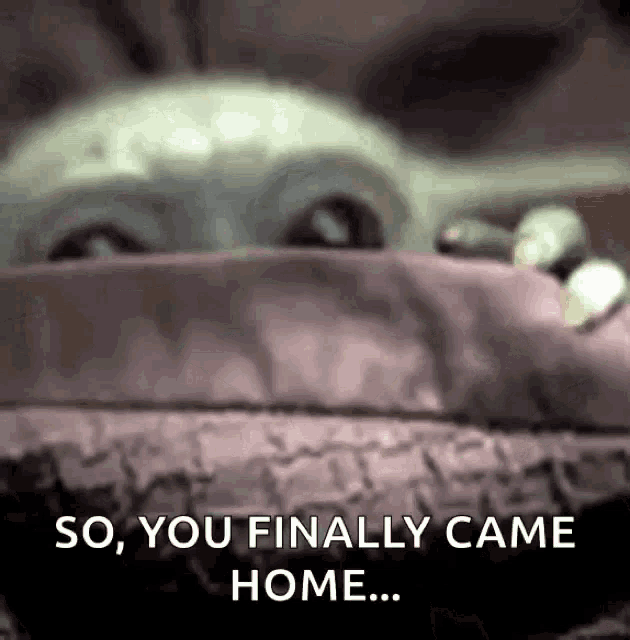 a baby yoda is peeking out from behind a wall and saying `` so , you finally came home ... '' .