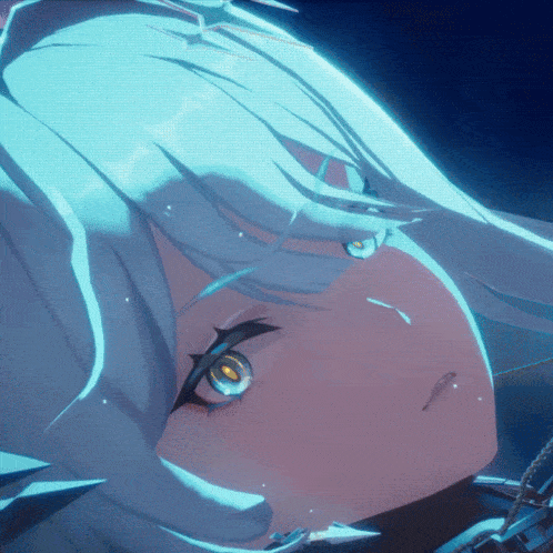 a close up of a cartoon character with blue hair