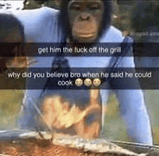 a chimpanzee is standing in front of a grill with tongs in his hand .