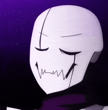 a white mask with a purple background has the letter t on its mouth