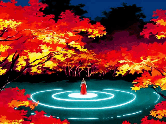 a woman in a red dress stands in a circle of light
