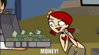 a cartoon character with red hair says money
