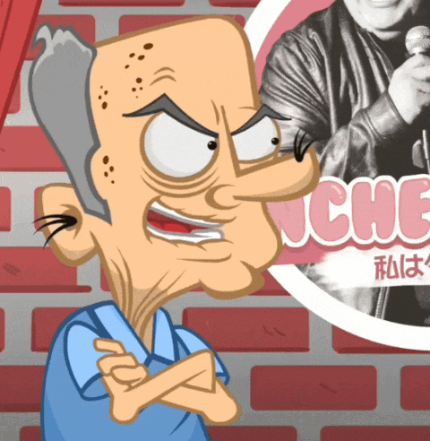 a cartoon drawing of a man with a microphone in front of a sign that says j chic
