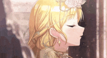 a close up of a blonde anime girl wearing a flower crown .