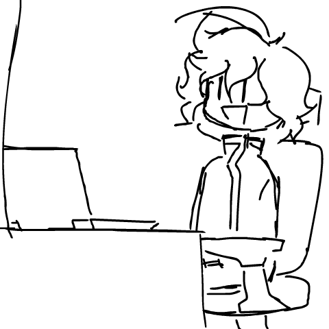 a black and white drawing of a person sitting at a desk looking at a computer screen .