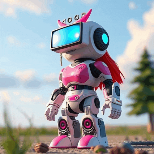 a pink and white robot with horns on its head has the word hoop on its head