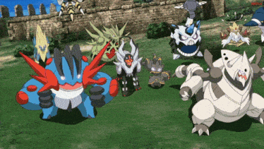 a group of pokemon are standing in a grassy field with a brick wall in the background