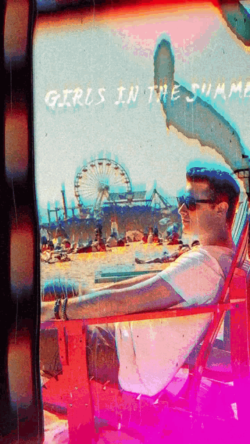 a man is sitting in a chair on a beach with the words girls in the summer written above him